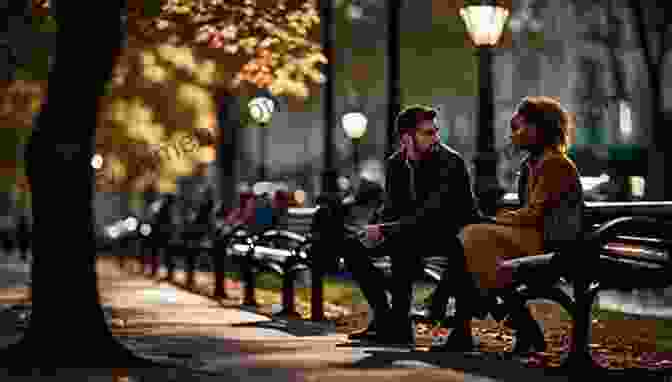 A Couple Sits On A Bench In A Park, Lost In Conversation. The Bustling Cityscape Of New York City Towers In The Background. All The Greys On Greene Street