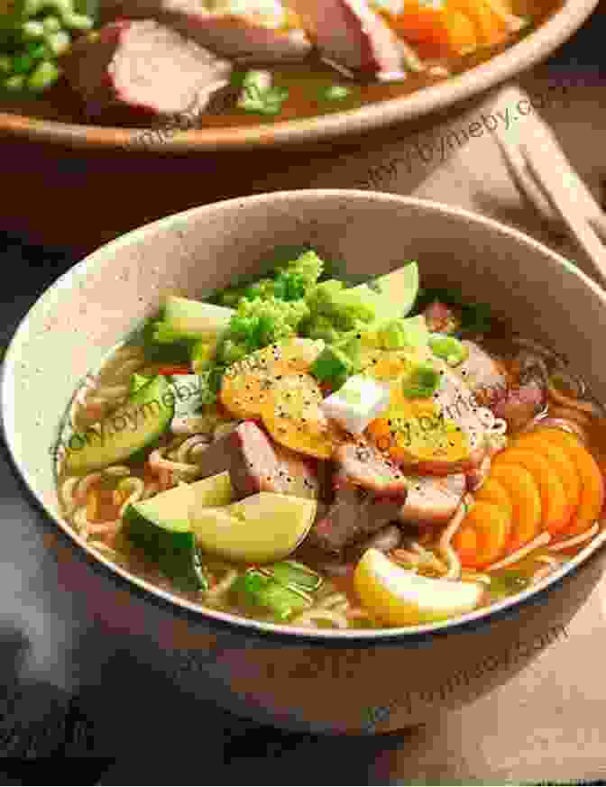 A Steaming Bowl Of Ramen Noodles, Topped With Aromatic Broth, Tender Pork Slices, And Vibrant Vegetables, Showcasing The Rich Flavors And Textures Of Japanese Noodle Dishes. Japanese Takeout Cookbook Favorite Japanese Takeout Recipes To Make At Home: Sushi Noodles Rices Salads Miso Soups Tempura Teriyaki And More