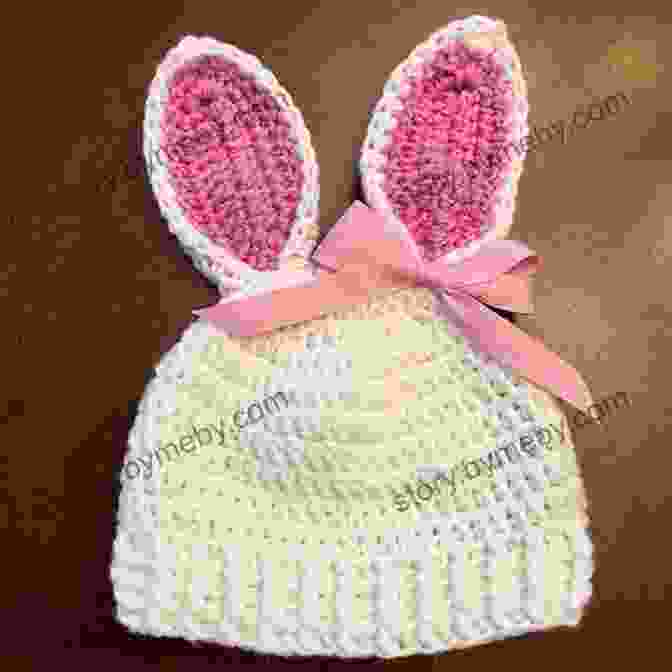 Finished Crocheted Baby Bunny Hat In Soft Pink Yarn, Featuring Bunny Ears And Pom Poms Baby Bunny Hat: Crochet Pattern