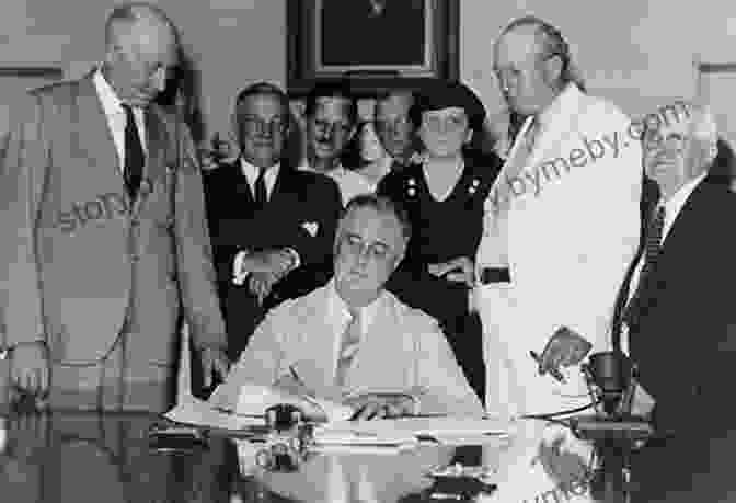 Frances Perkins Signs A Document, Standing At A Desk Surrounded By Men In Suits The Woman Behind The New Deal: The Life Of Frances Perkins FDR S Secretary Of Labor And His Moral Conscience